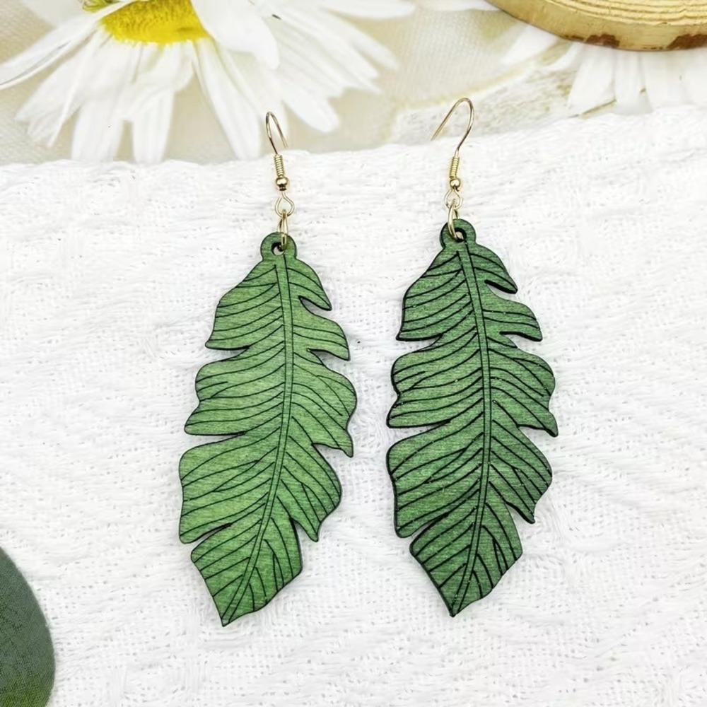 Green‎ Wood Leaf Dangle Earrings Boho Tropical Palm Frond Jewelry 3.8 Inch Long